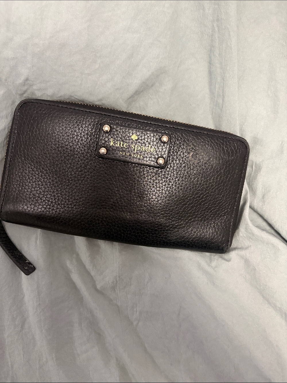 kate spade Black Pebbled Leather Zip Wallet with Gold Logo Plate